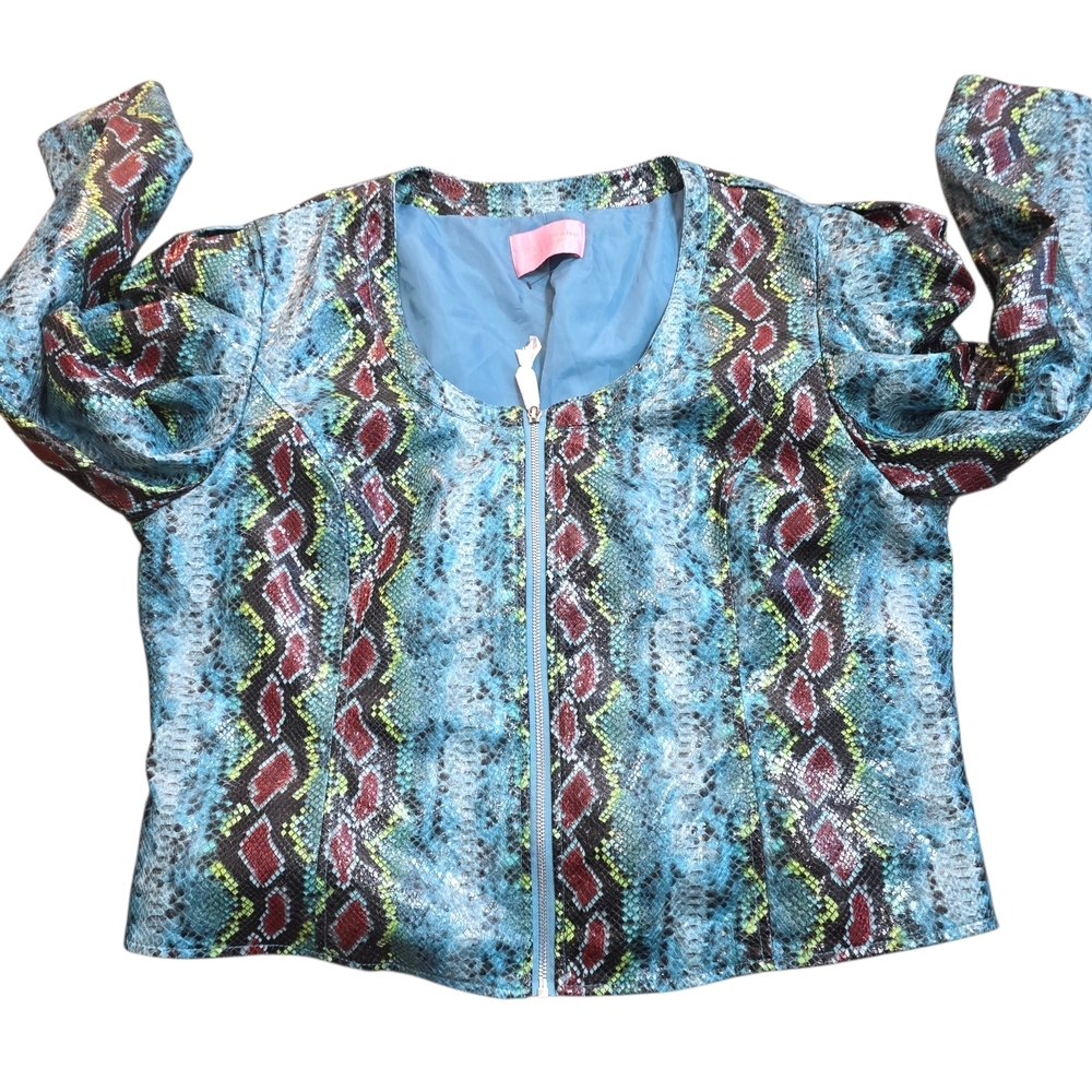 NWOT Azalea Wang Snake Print Puff Sleeve Jacket 2X Blue Statement Moto - Picture 4 of 9